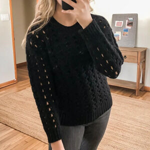 leetha 100% Cashmere Black Chunky Knit Long Sleeve Crew Neck Sweater Women's S